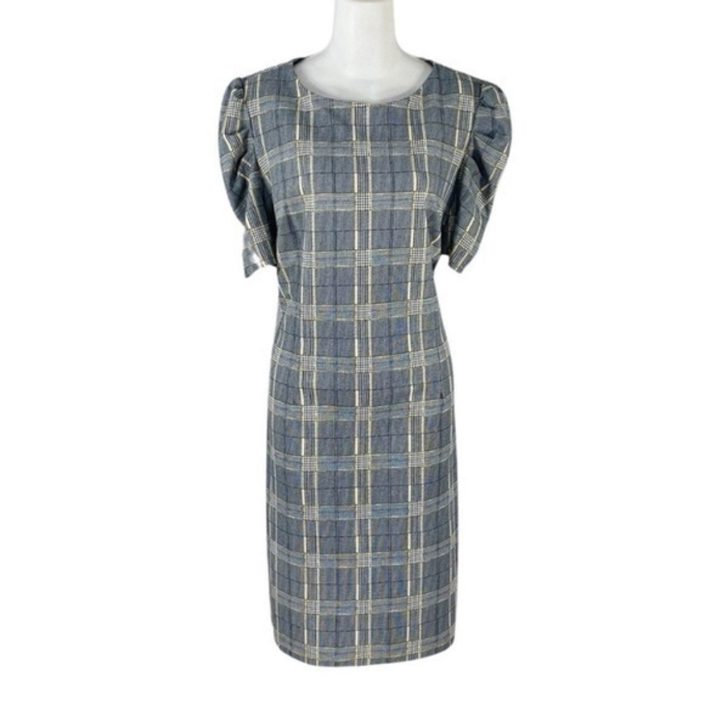 NWT ILE New York Black White Yellow Plaid Puff Sleeve Dress 12 VV21